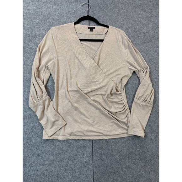 Ann Taylor Blouse Top Women's Large Beige Surplice Neck Long Sleeve Pullover - Picture 1 of 5